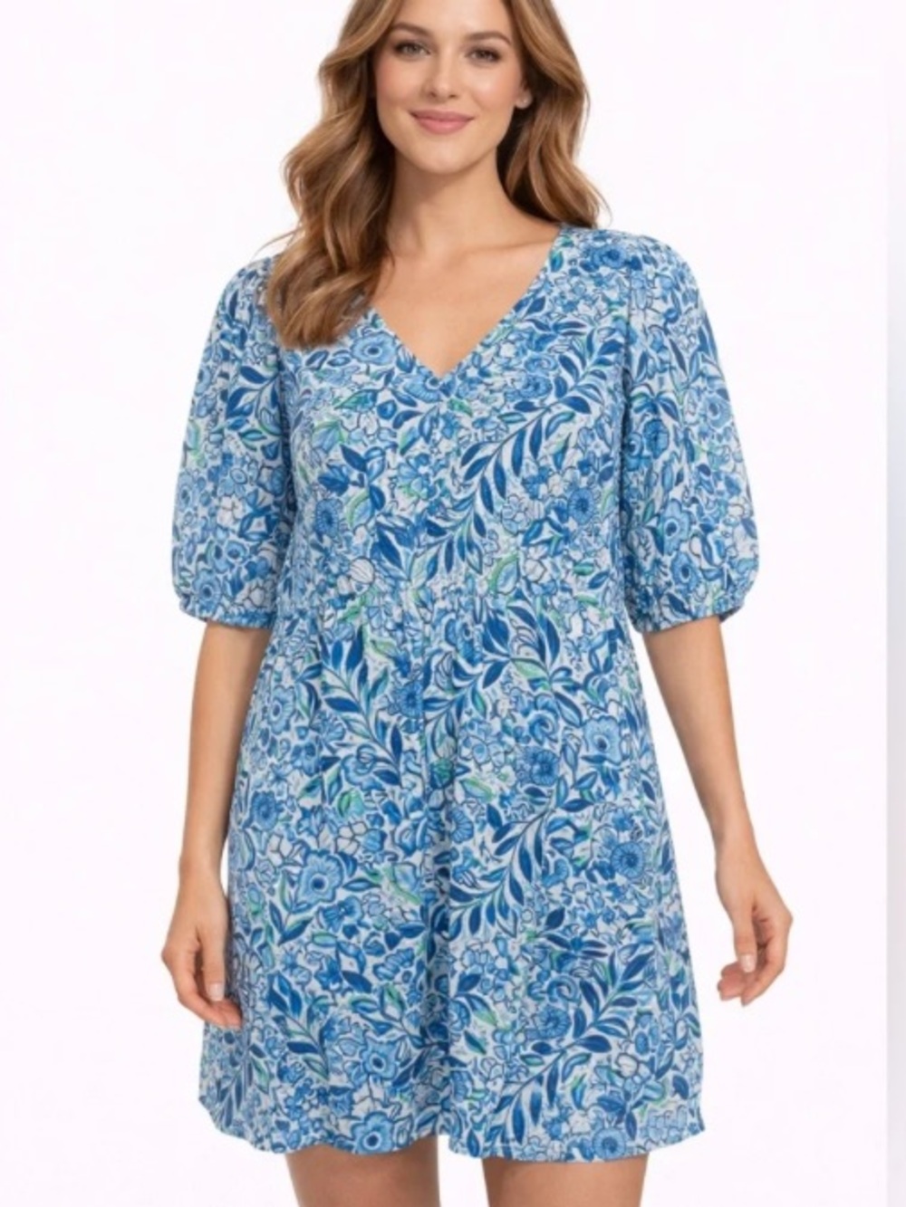 NWT Stella Parker Puff Sleeve Floral Blue and Green Women's Dress (Size XL)